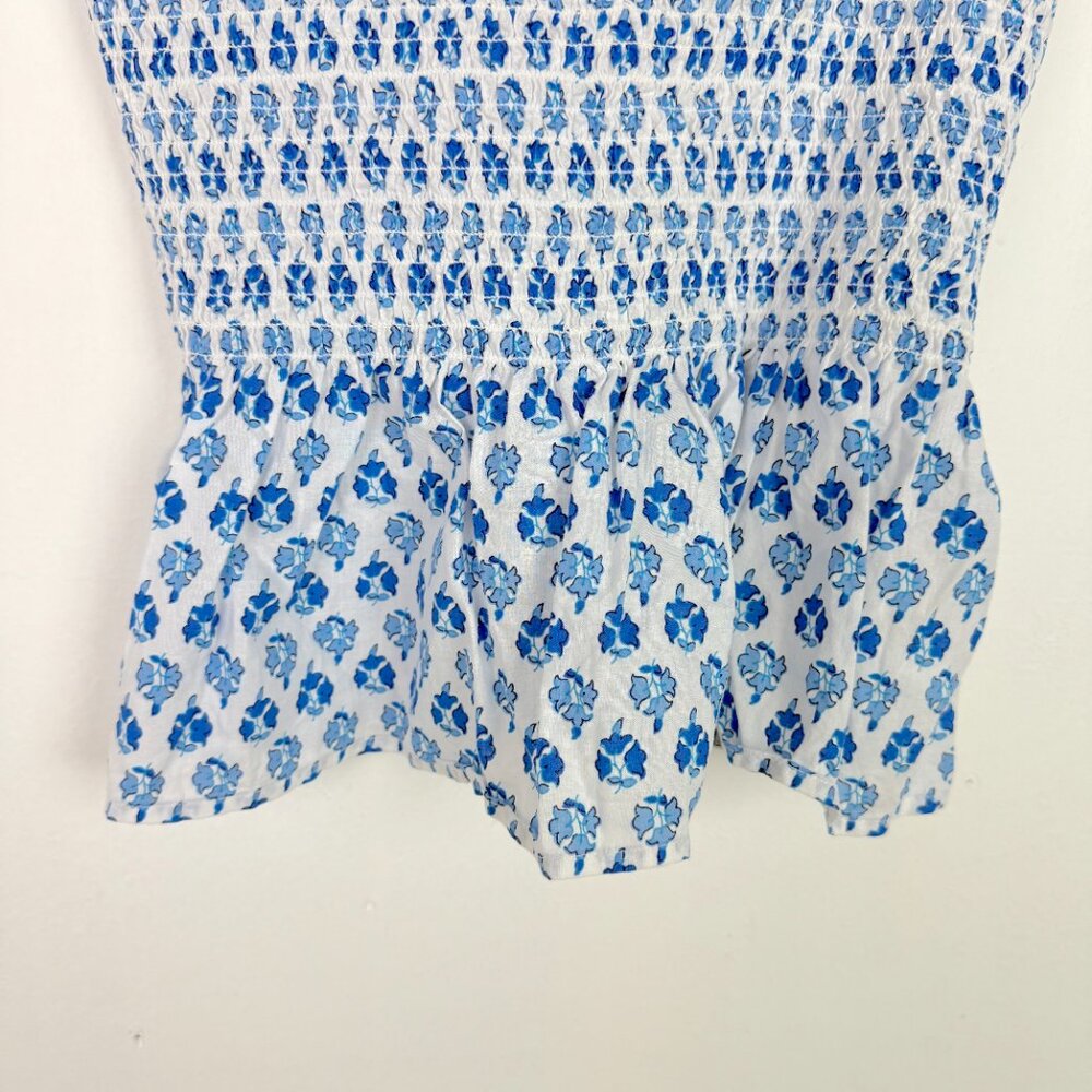 J. Crew Factory Smocked Tie-Shoulder Tank Top White Blue Size XS EUC - Picture 3 of 9